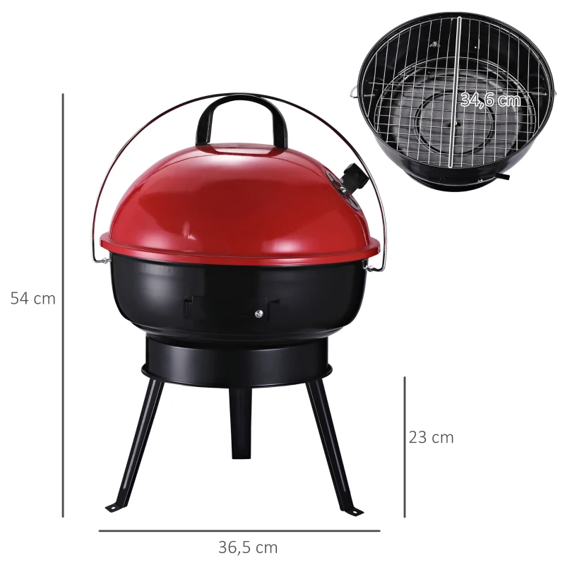 Outsunny Kugelgrill Holzkohlegril Windschutz Dreibeinfuß Camping Picknick tragbar Metall Schwarz+Rot Ø36,5 x 54 cm