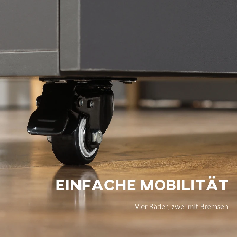 HOMCOM Klapptisch Rollschrank, zwei klappbare Tischseiten, Schrankfach, 4 Rollen, Hellgrau+Dunkelbraun, 70 x 83 x 75cm