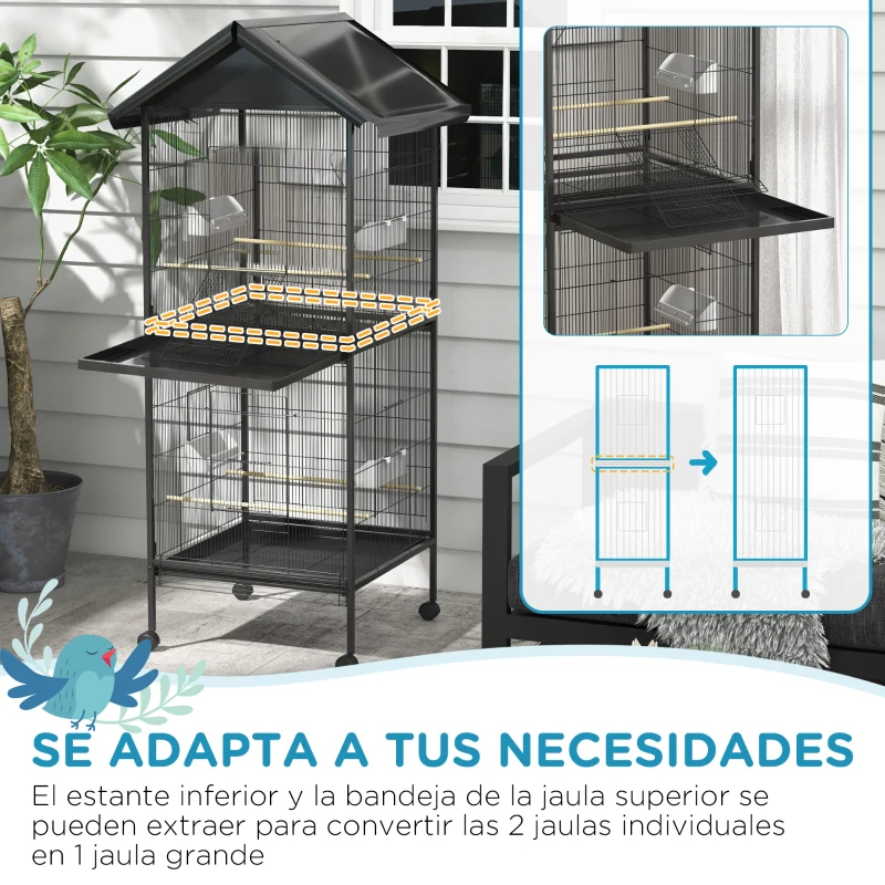 PawHut Jaula para Pájaros Grande de 2 Pisos Convertible en Sola Jaula con Ruedas Comederos 4 Perchas 78x75x168 cm Negro