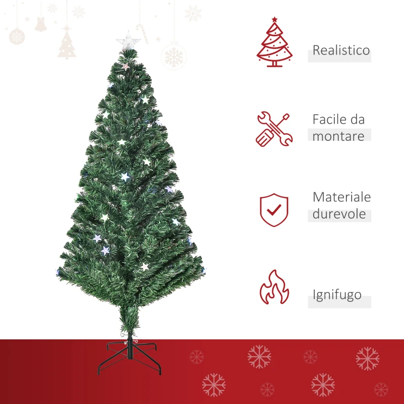 HOMCOM Albero di Natale Artificiale 150cm con 36 Luci LED e Fibre Ottiche Colorate, 180 Rami e Base Pieghevole, Verde