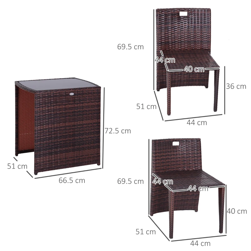 Outsunny Set 2 Pezzi Mobili da Giardino in Rattan Salvaspazio con 1 Tavolo e 2 Sedie con Cuscini, Marrone e Beige