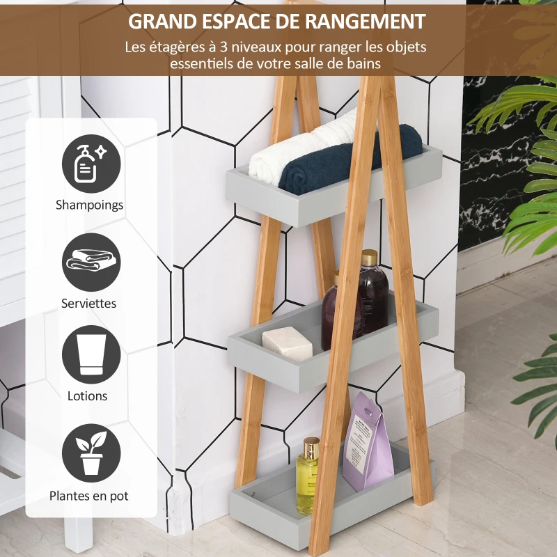 HOMCOM Etagère en Bambou de Salle de Bain étagère Debout 3 paniers dim. 30L x 18l x 81H cm Bambou MDF Gris