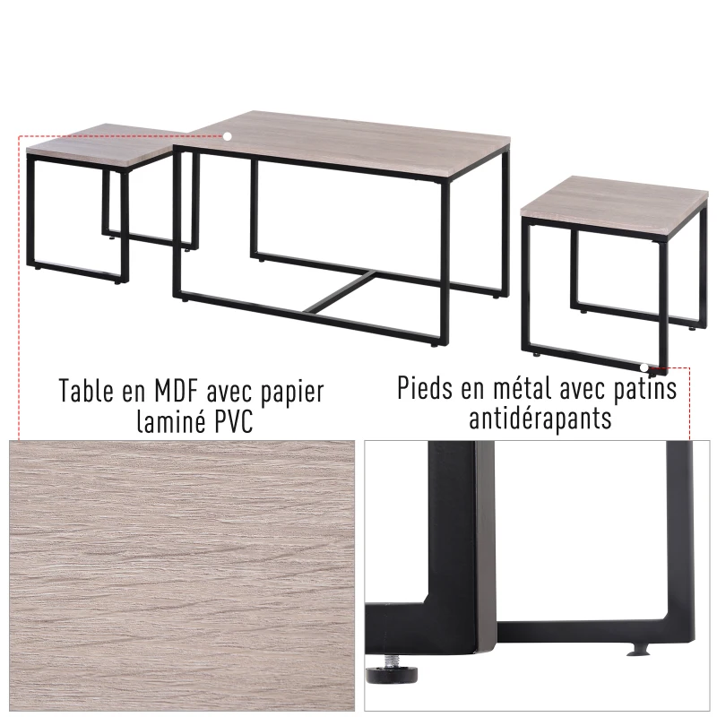 HOMCOM Lot de 3 tables basses gigognes design industriel encastrable dim. grande table 90L x 45l x 50H cm métal noir MDF chêne clair