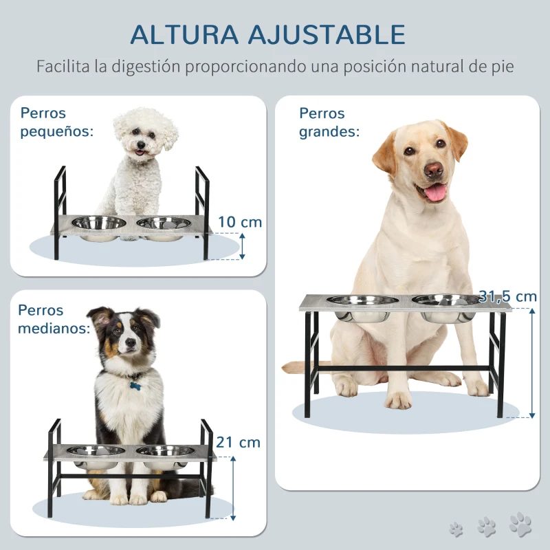 PawHut Comedero Elevado para Perros con Altura Ajustable 2 Cuencos Tapete y Alimentador Lento 60x33x10-31,5 cm Gris