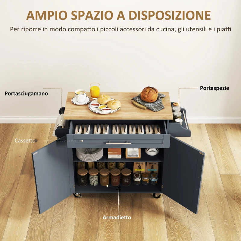 HOMCOM Carrello da Cucina in Legno con Cassetto, Portaspezie e Armadietto, 109x40x89 cm, Grigio e Color Legno