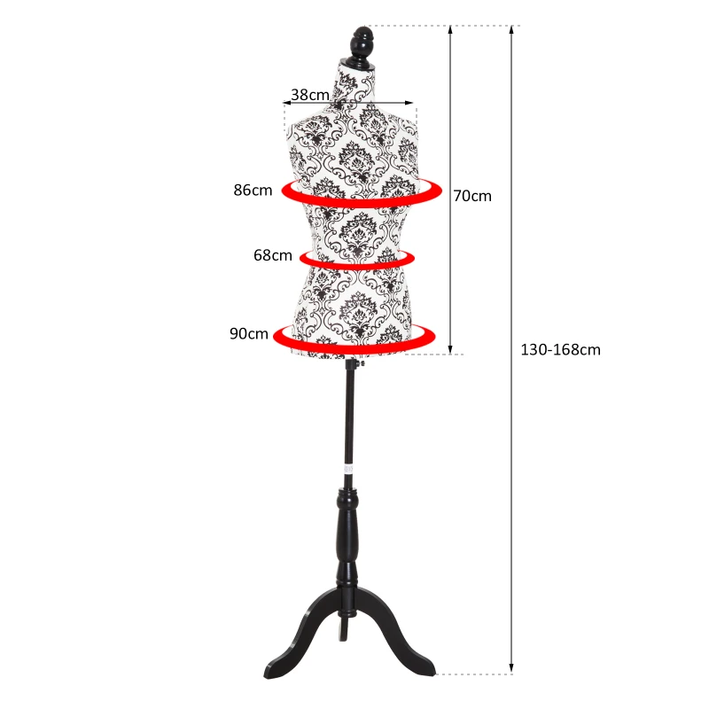 HOMCOM Busto de Señora Maniquí Femenino de Costura para Modistas Exhibición Altura Ajustable a 130-168cm