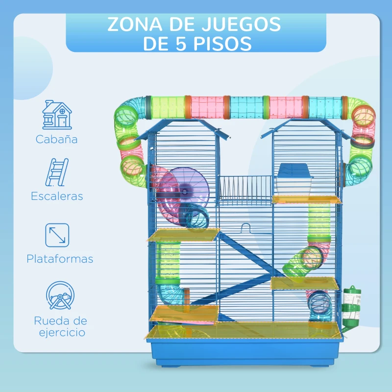 PawHut Jaula para Hámster de Múltiples Niveles con Tubos Plataformas Comedero Bebedero Casita Rueda Escaleras 47x30x59 cm Azul
