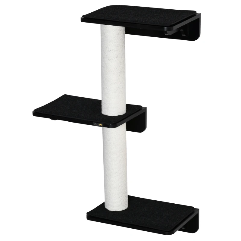 PawHut Árbol para Gatos de Pared con 3 Plataformas Cojín Extraíble y 2 Postes Rascadores de Sisal Torre para Escalar 63x28x93,5 cm Negro y Blanco