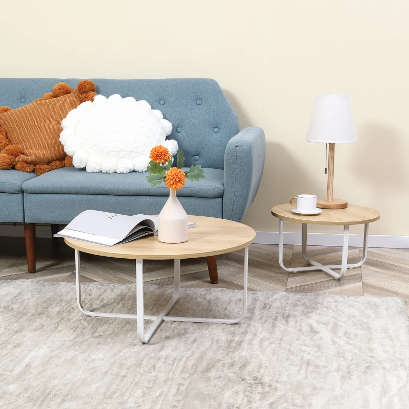 HOMCOM Juego de 2 Mesas de Centro Ø65x32 cm y Ø45x26 cm con Encimera de Madera y Patas de Metal Natural y Blanco