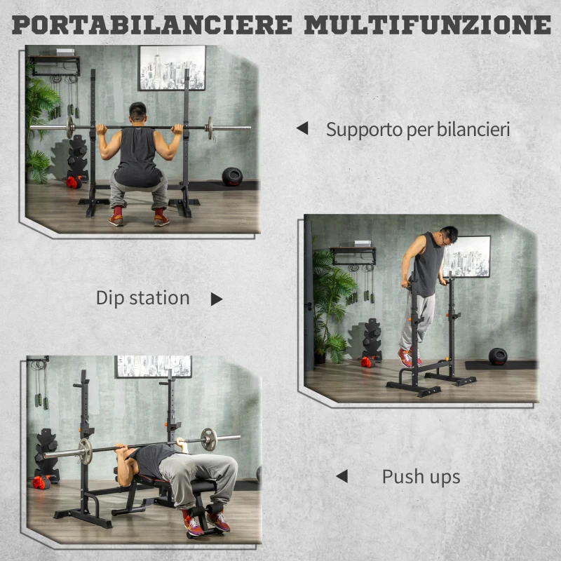 HOMCOM Porta Bilanciere Regolabile con Supporti per Dip Station e Push Up, 111-151x69x120-150 cm, Nero