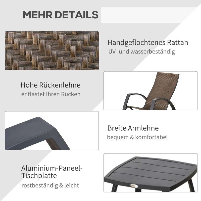 Outsunny Rattan-Schaukelstuhl Bistroset 3 teilige 2 Stühle 1 Tisch Aluminium Komfort UV-Beständig für Gärten Terrassen Pools patio