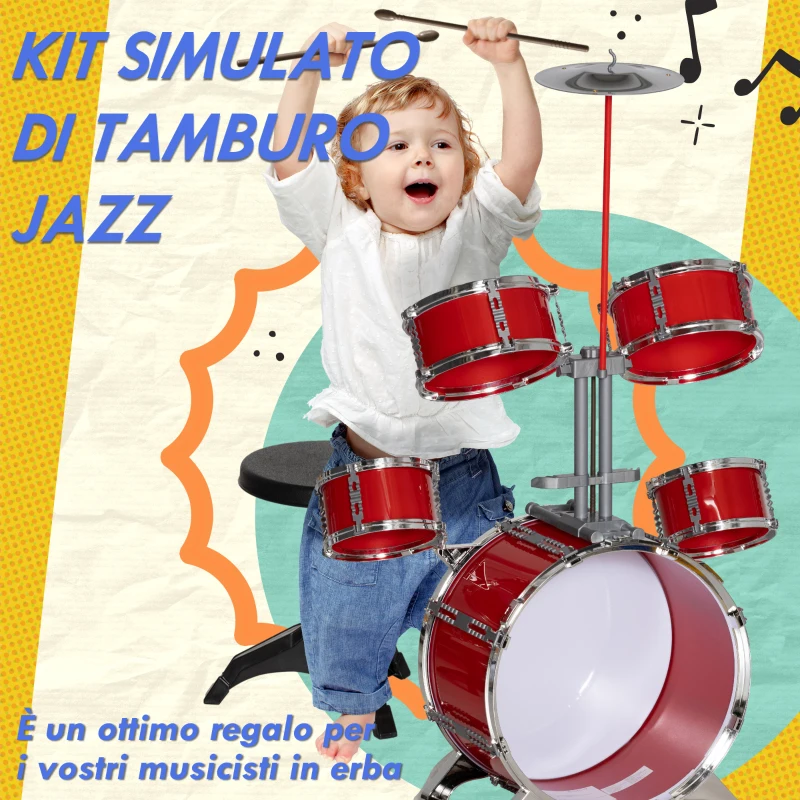 AIYAPLAY Set Batteria per Bambini da 5 Pezzi con Grancassa con Pedale, Tamburi, Piatto e Sgabello, Età 3-6 Anni, Rosso