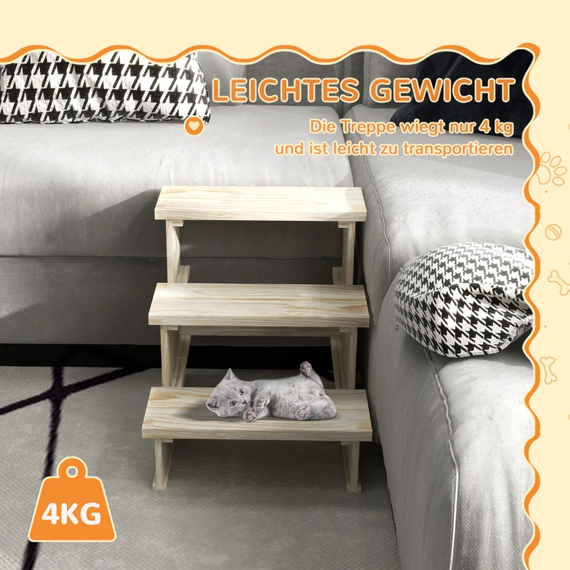 PawHut Haustiertreppe Hundetreppe, 3 Stufen, Kiefernholz, 40 cm x 46,5 cm x 45 cm, Natur