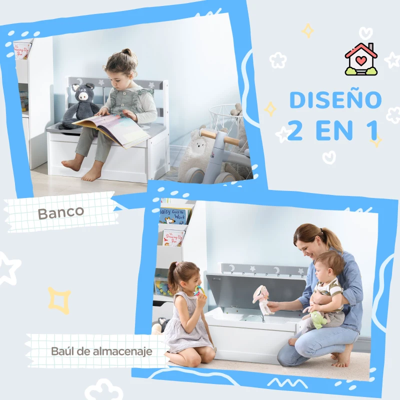 ZONEKIZ 2 en 1 Banco Infantil con Baúl de Almacenamiento para Niños de +18 Meses Carga 50 kg 60x30x50 cm Gris y Blanco