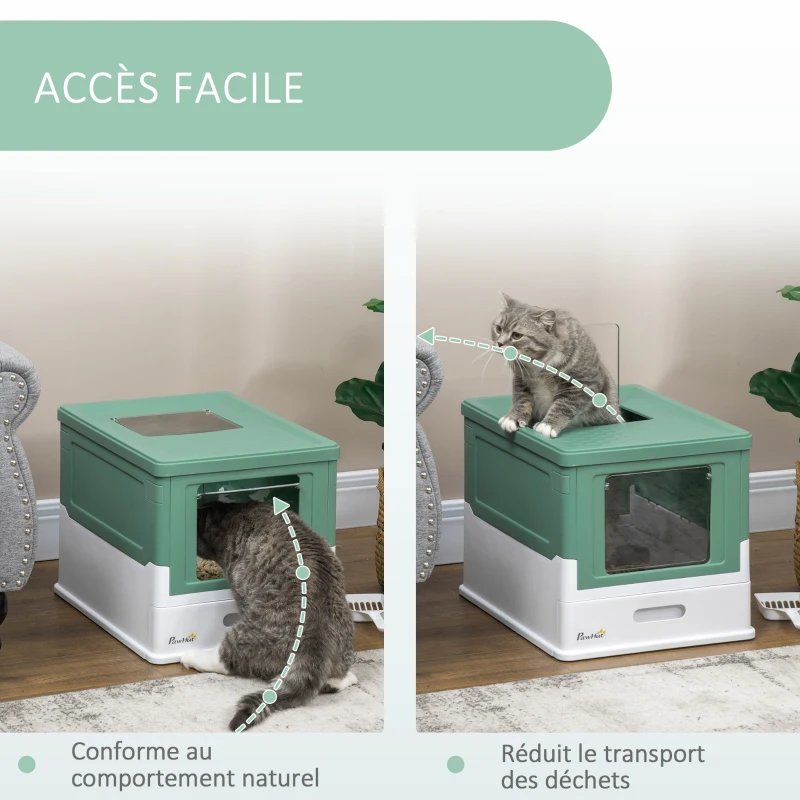PawHut Maison de toilette pour chat pliable double porte battante et supérieure pelle fourni 47,5 x 35,5 x 36,7 cm vert