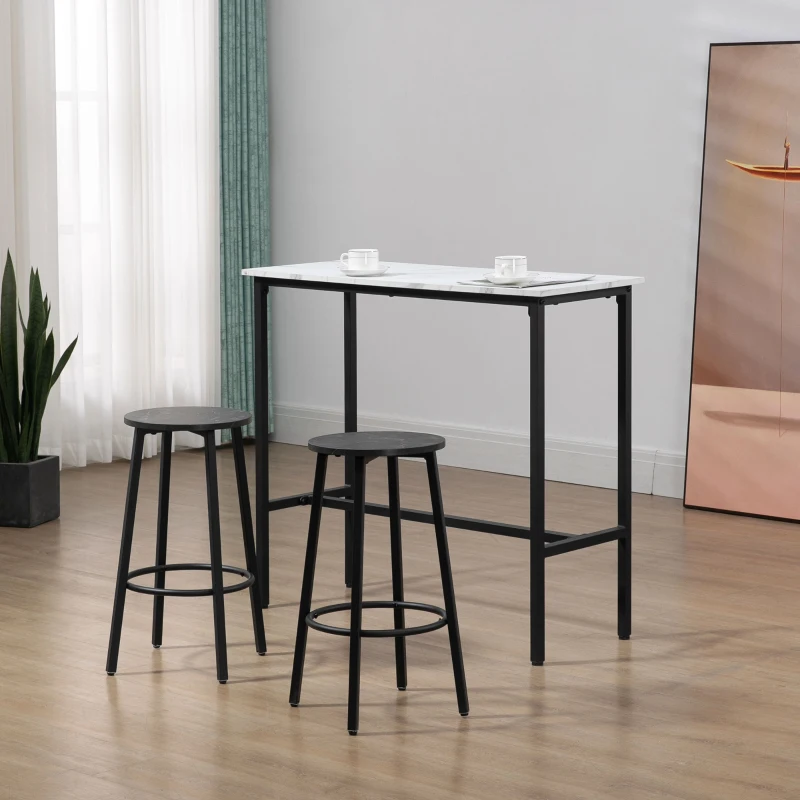 HOMCOM Conjunto de Mesa Alta de Bar con 2 Taburetes Redondo Set de 3 Piezas con Marco de Acero de Estilo Moderno Blanco y Negro