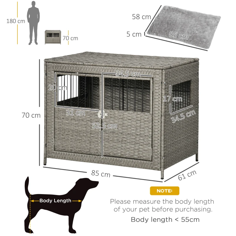 PawHut Wicker Dog Cage, Dog Crate with Lockable Door and Soft Washable Cushion for Medium to Large Sized Dogs, 85 x 61 x 70 cm, Grey
