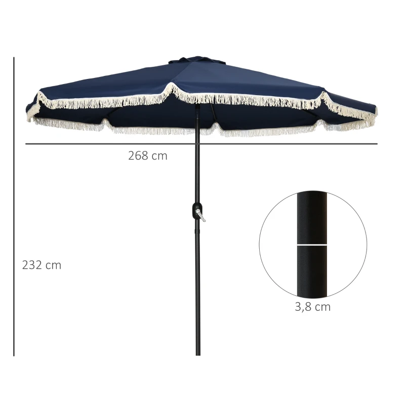 Outsunny Parasol inclinable rond Ø 268 cm avec franges polyester haute densité anti-UV mât démontable 8 baleines - bleu