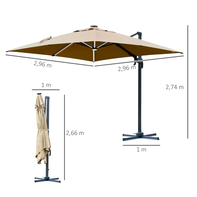 Outsunny Parasol déporté carré parasol LED inclinable pivotant 360° manivelle piètement acier dim. 3L x 3l x 2,74H m beige