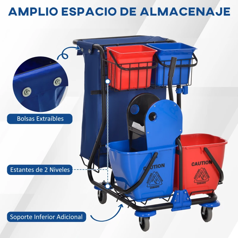 HOMCOM Carro de Limpieza con Bolsa Doble Cubo de 18 Litros Escurridor 2 Cubetas Auxiliares 93x80x97 cm Rojo y Azul
