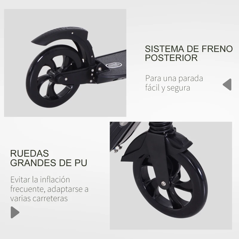 HOMCOM Patinete Plegable para Adultos y Niños +14 años Scooter Ligero con Manillar Altura Ajustable Tipo Monopatín con Freno Grandes Ruedas Ø200 mm Amortiguador Aluminio Carga 100 kg Negro