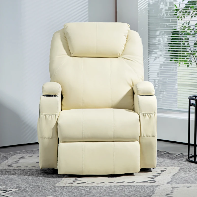 HOMCOM Elektrischer Relaxsessel mit Aufstehhilfe, Liegestuhl, Becherhalter, Kunstleder, Cremeweiß