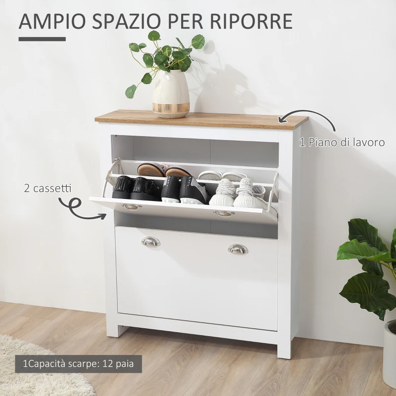 HOMCOM Scarpiera Slim 2 Cassetti a Ribalta e Ripiano Regolabile per 12 Paia di Scarpe, 79x23x90.5 cm, Bianco