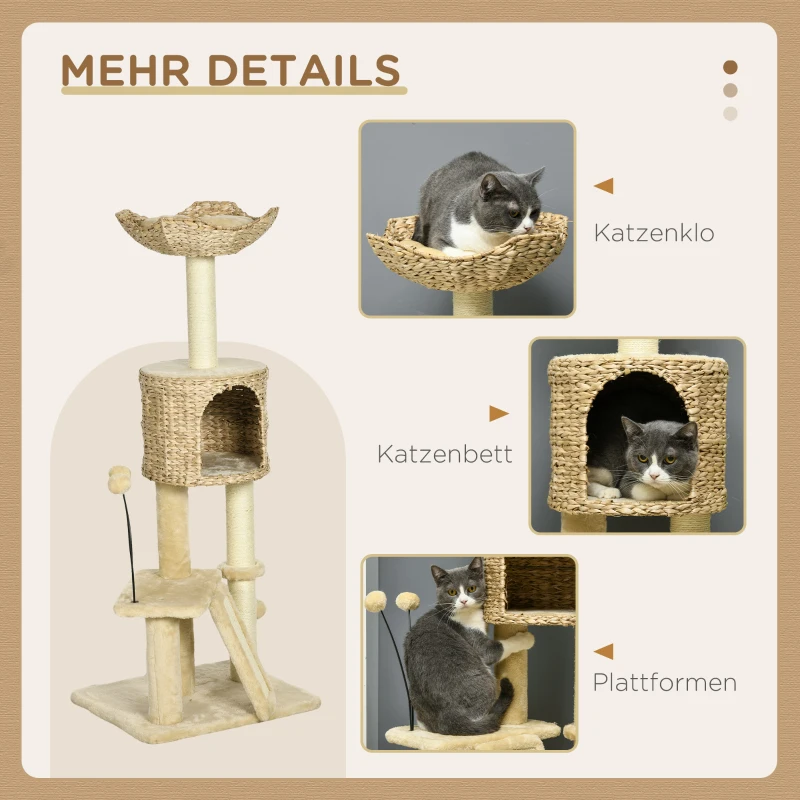PawHut Kratzbaum mit Katzenhöhle, Liegeplattform, Spielball, 45x40x116cm, Braun/Beige(m-6)