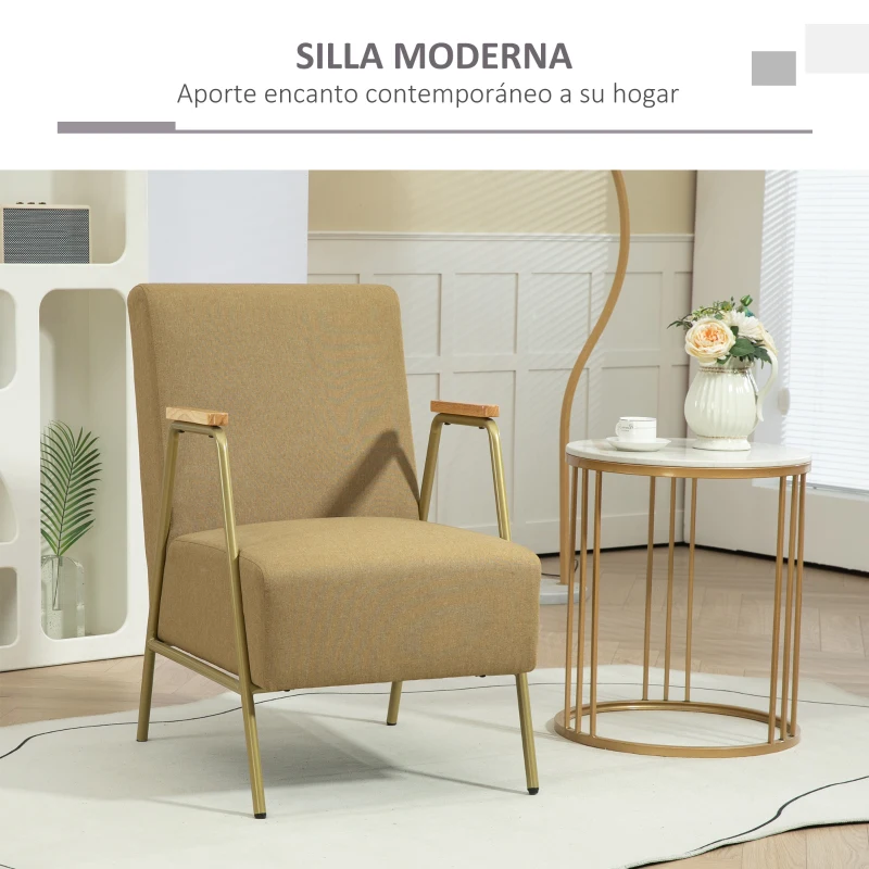 HOMCOM Butaca de Dormitorio con Reposabrazos Marco de Acero Dorado Estilo Moderno para Salón Dormitorio Marrón Claro
