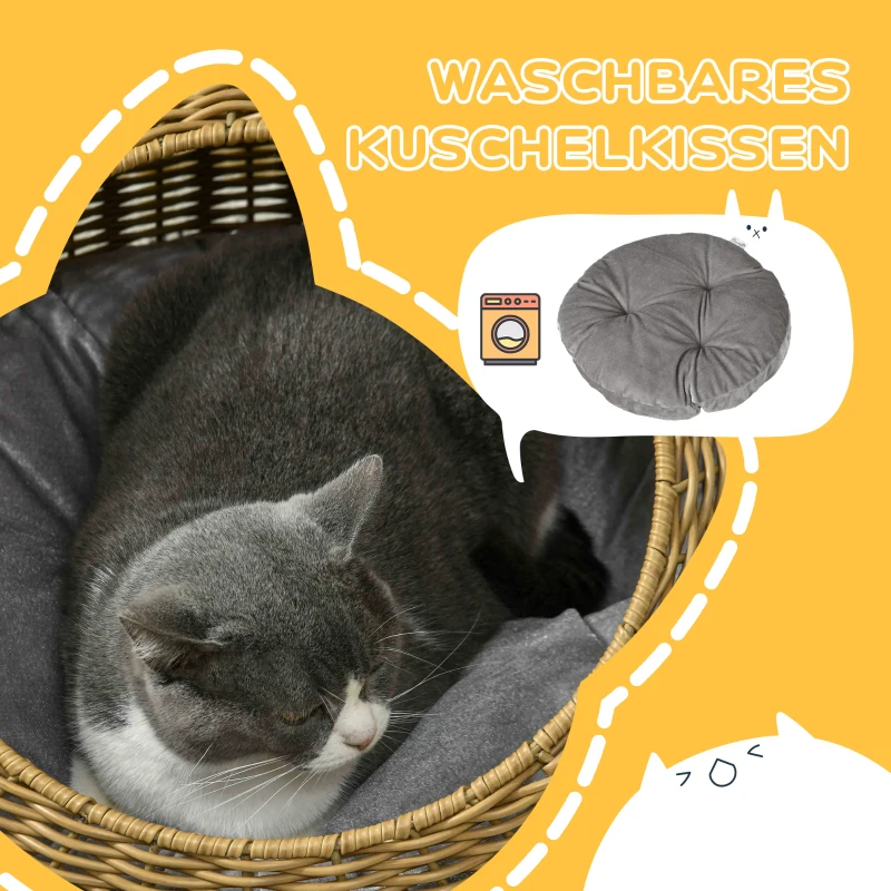 PawHut Katzenhöhle mit waschbarem Kissen, für Tiere bis 4 kg, Indoor, Kunst-Rattan, Ø50 x 31 cm, Hellbraun