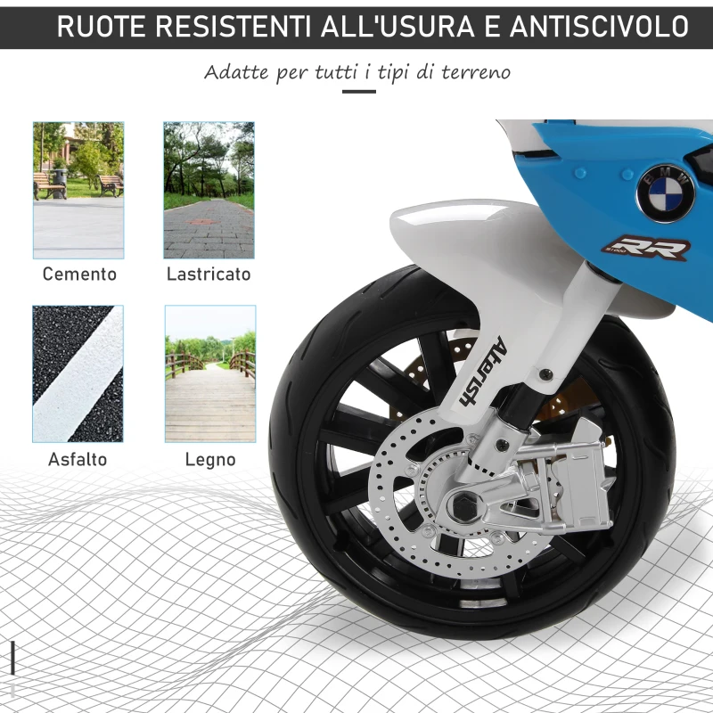 HOMCOM Moto Elettrica BMW per Bambini Batteria 12V Velocità 2.5-5Km/h con Rotelle e Luci 110×47×69cm Nero-blu