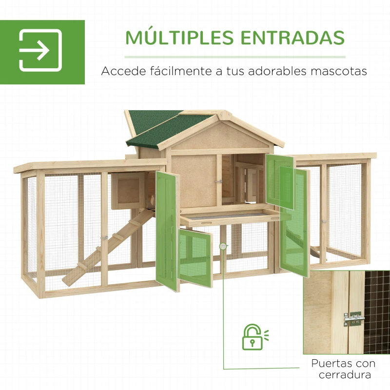 PawHut Gallinero de Madera 204x85x93 cm Jaula para 2-4 Gallinas con Nido Bandeja Extraíble Techo de Asfalto y Rampa Natural