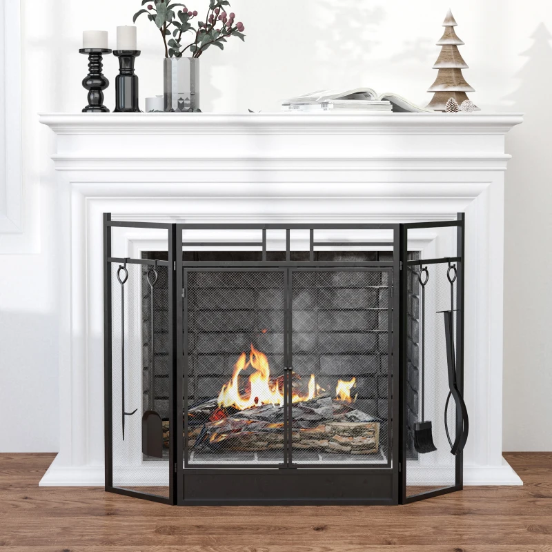 HOMCOM Pare-feu Large pour cheminée ou poêle - Pare-étincelles serviteur de cheminée 2 en 1 avec Accessoires - 3 Volets Pliables et Porte - Acier métal Noir