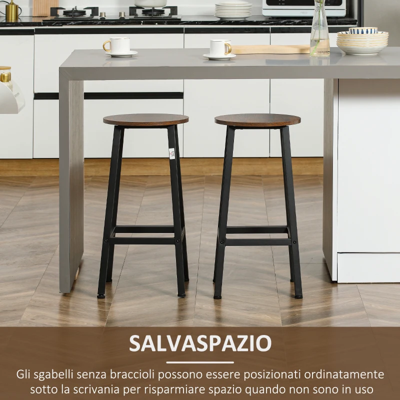 HOMCOM Set 2 Sgabelli da Cucina in Truciolato e Acciaio con Piano Liscio e Poggiapiedi, 32.5x32.5x65 cm, Marrone