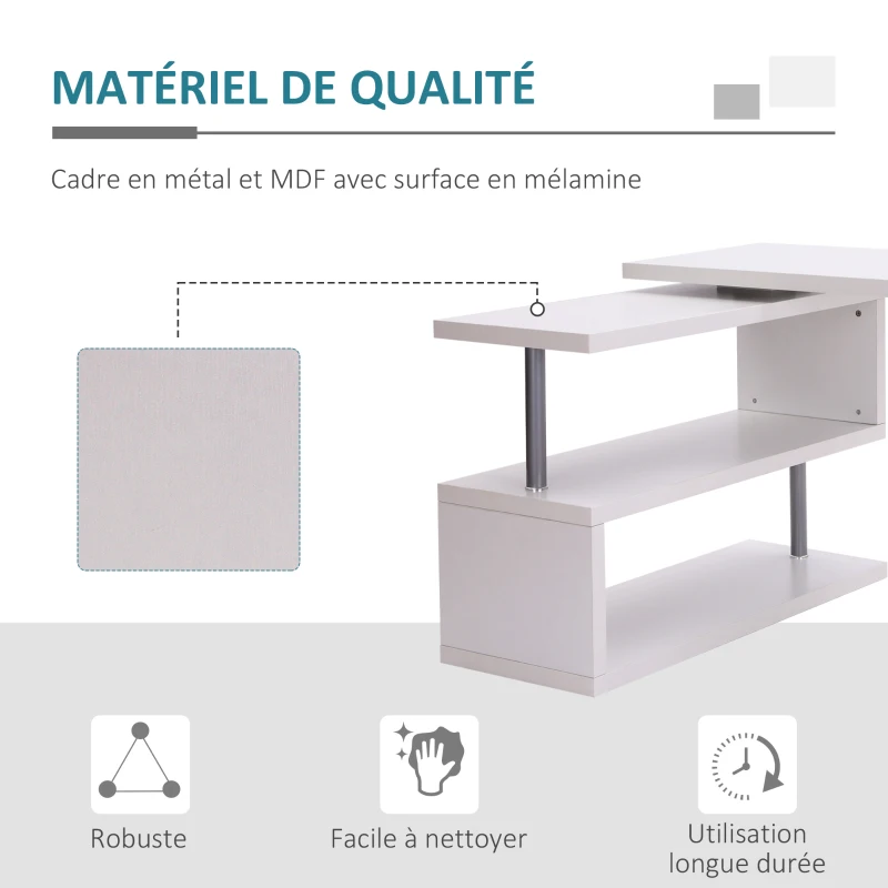 HOMCOM Bureau informatique table informatique table de salle à manger modulable avec bibliothèque adjacente design contemporain mélaminé métal chromé blanc(m-5)