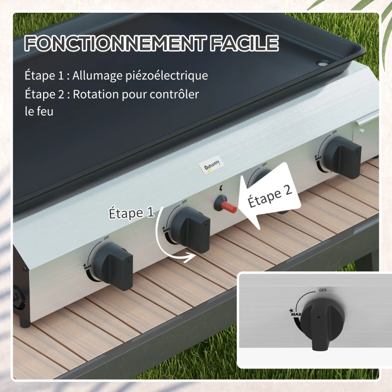 Outsunny Plancha gaz en acier inox émaillé 4 brûleurs 9,6 kW antiadhésive grande surface de cuisson 73L x 34l cm, transportable