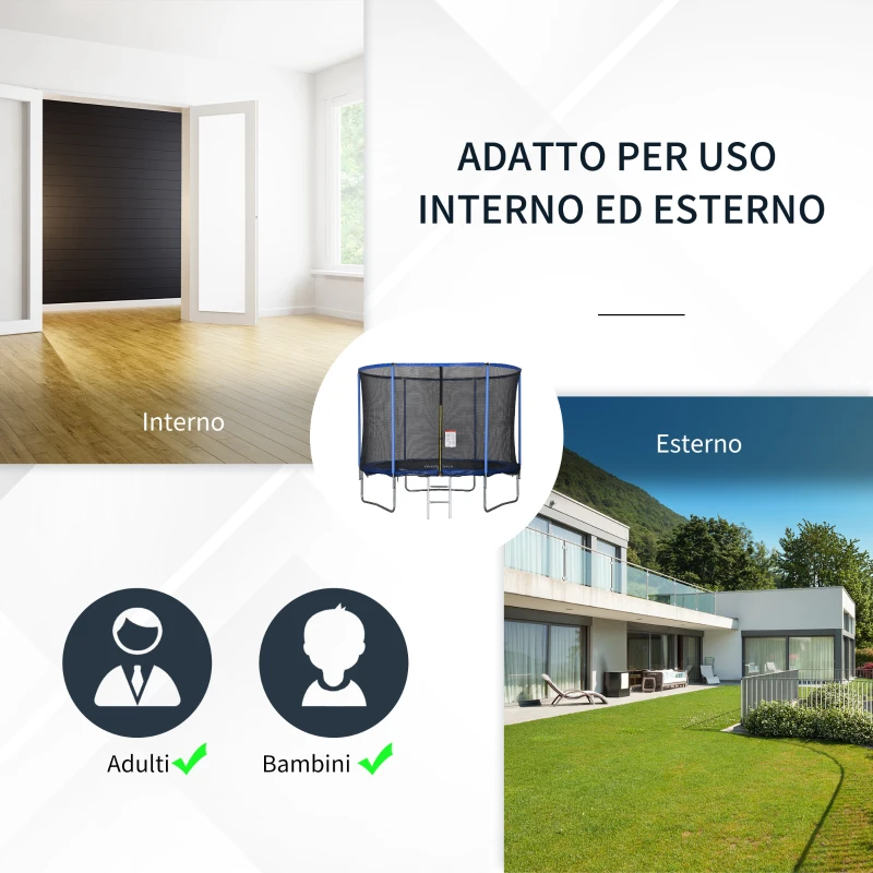 HOMCOM Trampolino Elastico da Esterno, Tappeto Elastico per Bambini e Adulti da Giardino con Rete di Sicurezza, Scaletta e Bordo Imbottito, Giochi da Giardino e Casa, Ø244x240cm, Blu e Nero