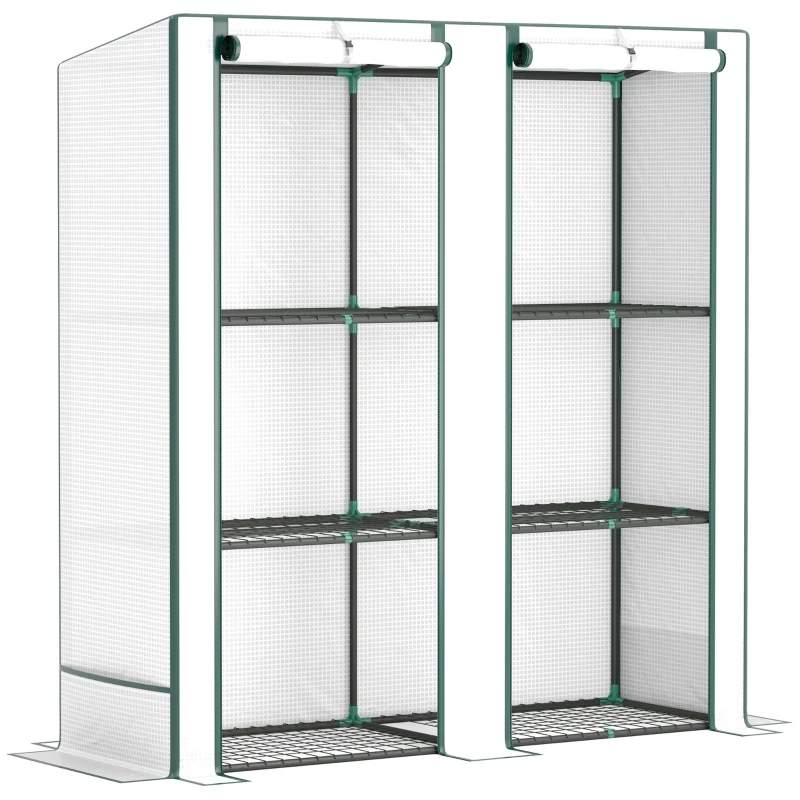 Outsunny Mini-Kas met 3-Laags Schap, Plastic Afdekking, UV-bestendig, Draagbaar, Roldeur, 144 x 48 x 152 cm, Wit