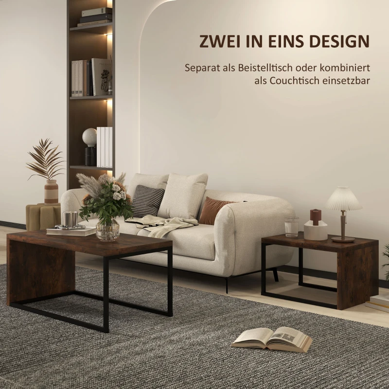 HOMCOM 2er-Set Couchtisch, Sofatisch, Beistelltisch, MDF, Metall, 90 x 48 x 42 cm/59 x 42 x 36 cm, Schwarz+Braun(m-6)
