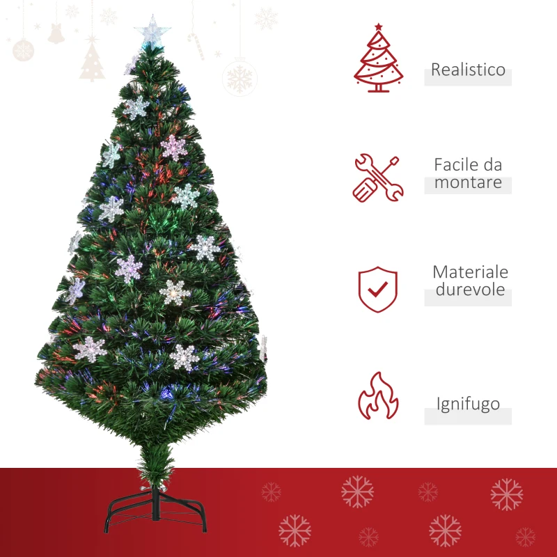 HOMCOM Albero di Natale Artificiale 150cm con Fibre Ottiche e 21 Luci LED, Decorazioni a Forma di Fiocco di Neve, Verde