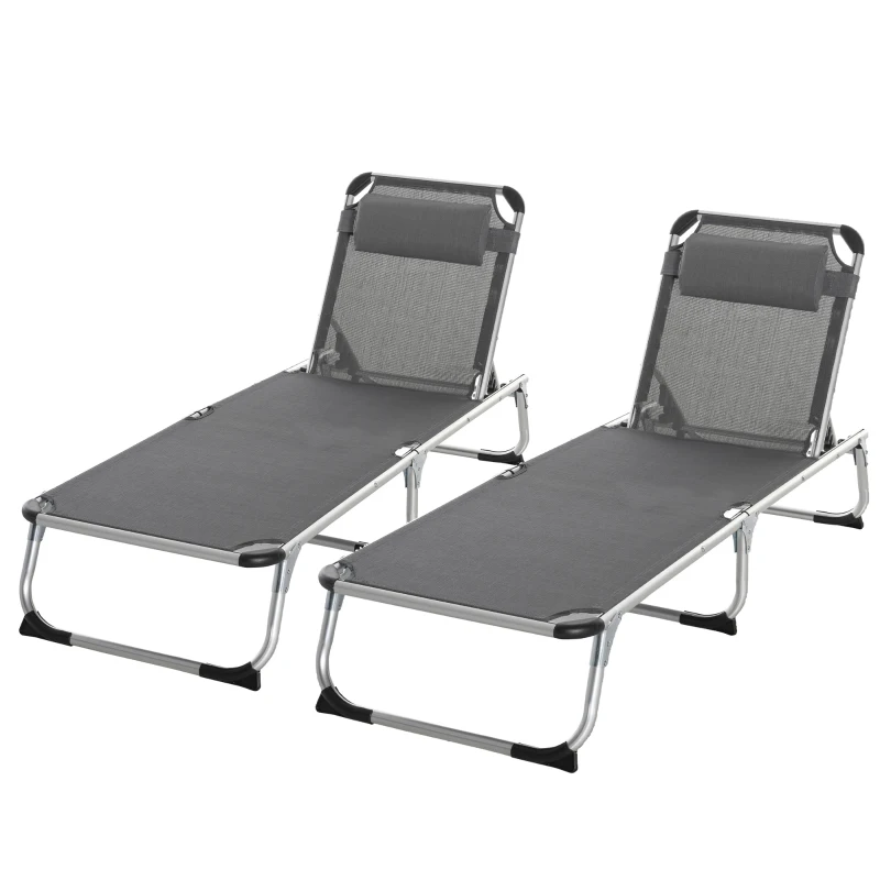 Outsunny Foldable Outdoor Sun Loungers Set of 2, Reclining Lounge Chair Camping Bed Cot with Pillow 4-Level Adjustable Back Aluminium Frame, Grey