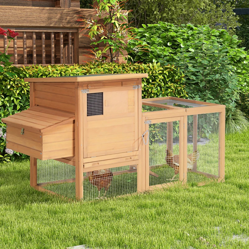 PawHut Gallinero de Madera para Exterior Jaula para Gallinas Grande con Zona Abierta Ponedero Bandeja Extraíble Techo Asfáltico Abatible y Rampa 190x81x103 cm Natural