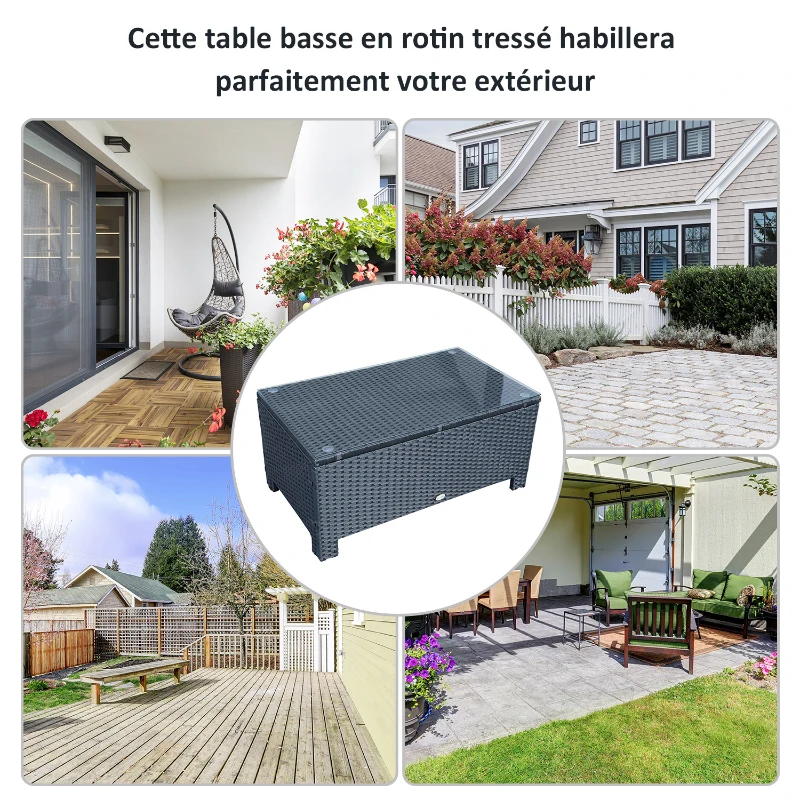 Outsunny Table Basse de Jardin Plateau Verre trempé 5 mm rotin tressé 85 x 50 x 39cm Max. 50 kg Noir