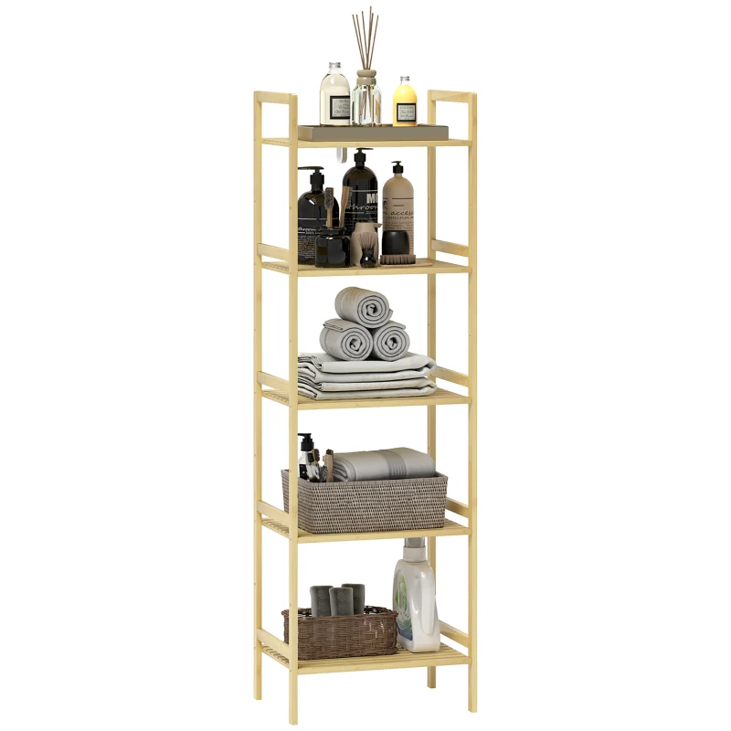 HOMCOM Bambus-Badezimmerregal mit 5 Ebenen, Aufbewahrungsregal mit verstellbaren Regalböden, 43,5 x 31,5 x 142 cm, Naturholz
