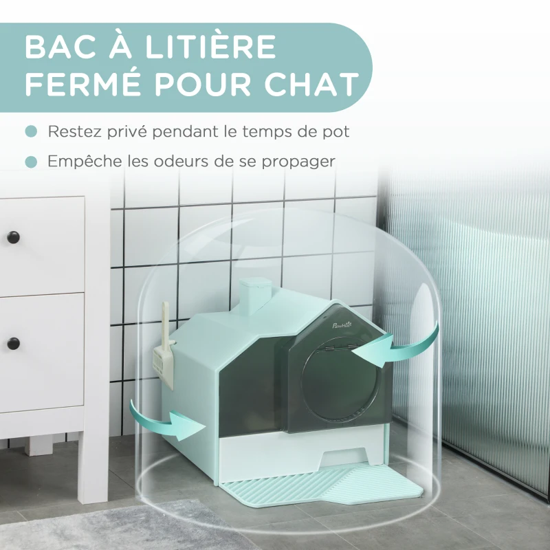 PawHut Maison de toilette bac à litière pour chat design maisonnette avec pelle, filtre et tapis dim. 47L x 45l x 42H cm bleu