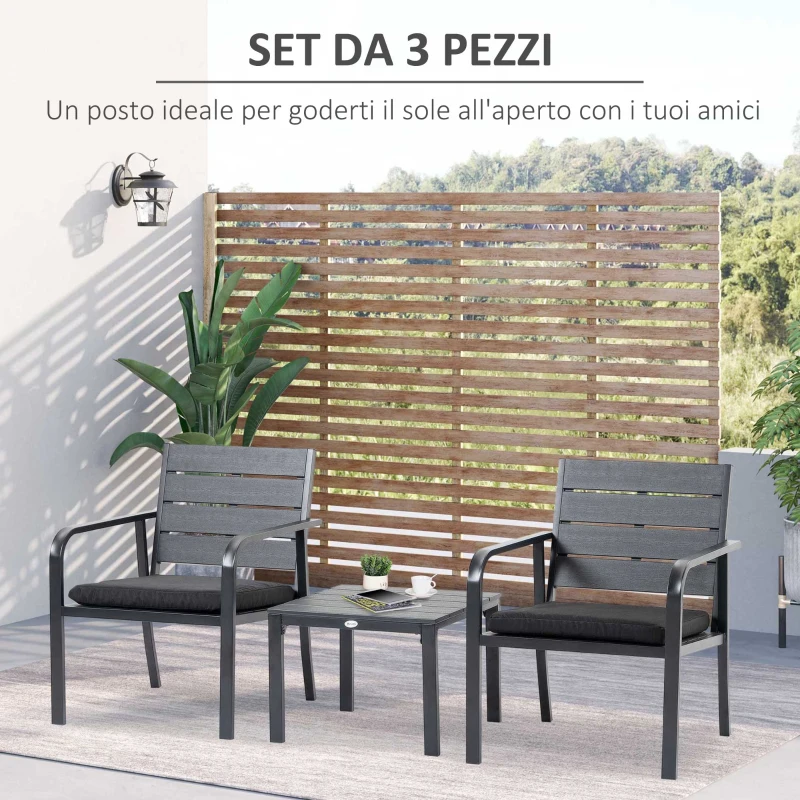 Outsunny Set da Giardino 3 Pezzi con Tavolino e 2 Sedie con Cuscini, Acciaio e Plastica, Grigio Scuro