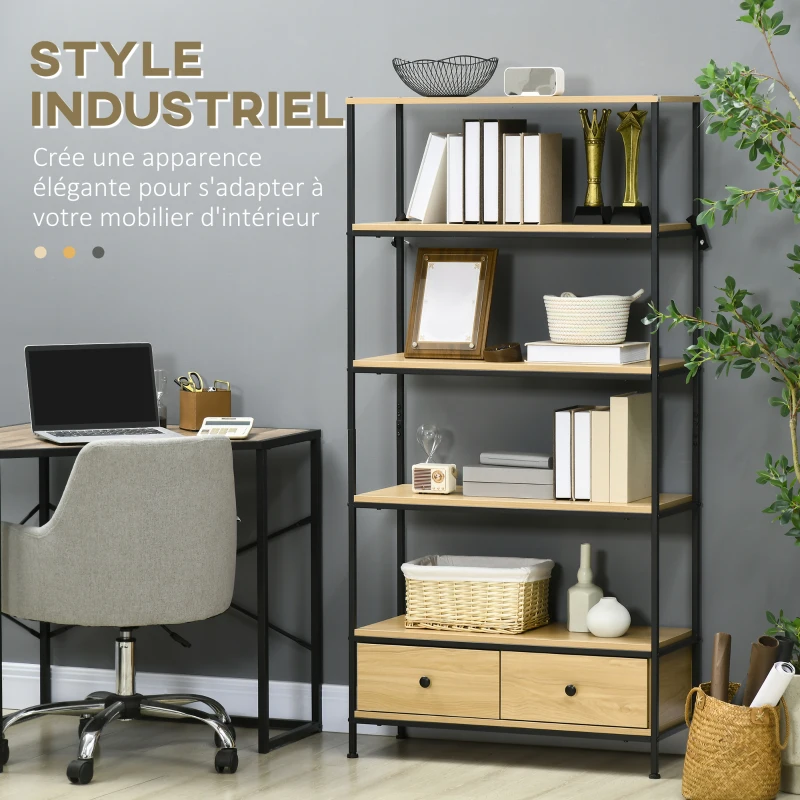 HOMCOM Bibliothèque étagère à 5 niveaux 2 tiroirs style industriel aspect bois et acier 80 x 30 x 161 cm naturel noir