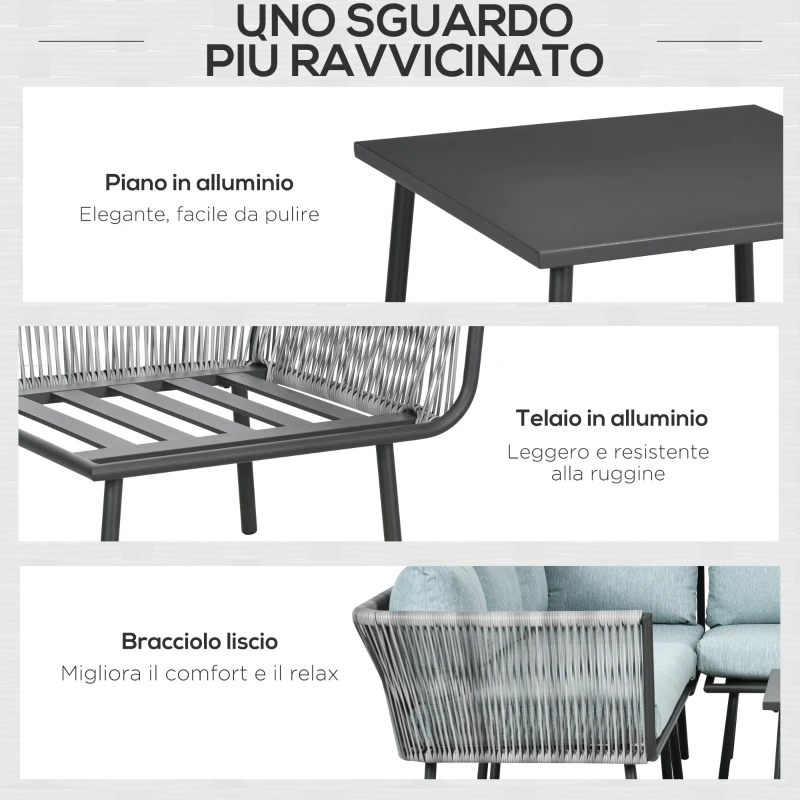Outsunny Set da Giardino 4 Pezzi in Rattan con Tavolino da Caffè, 2 Divani ad Angolo e Poltroncina, Nero Grigio e Blu