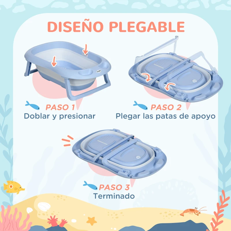 ZONEKIZ Bañera Bebé Plegable con Cojín Almohadillas Antideslizantes Orificio de Drenaje y Agujero de Ducha 83x48x23,5cm Azul