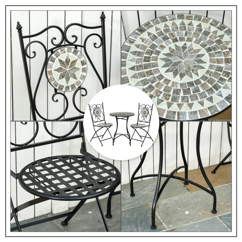 Outsunny 3 Pcs Mosaic Tile Garden Bistro Set Outdoor Seating w/ Table 2 Folding Chairs Set Metal Frame Elegant Scrolling Indoor Patio Balcony